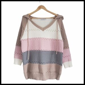 Misslook Hooded Vneck Knitted Wool Eyelet Colourblock Sweater